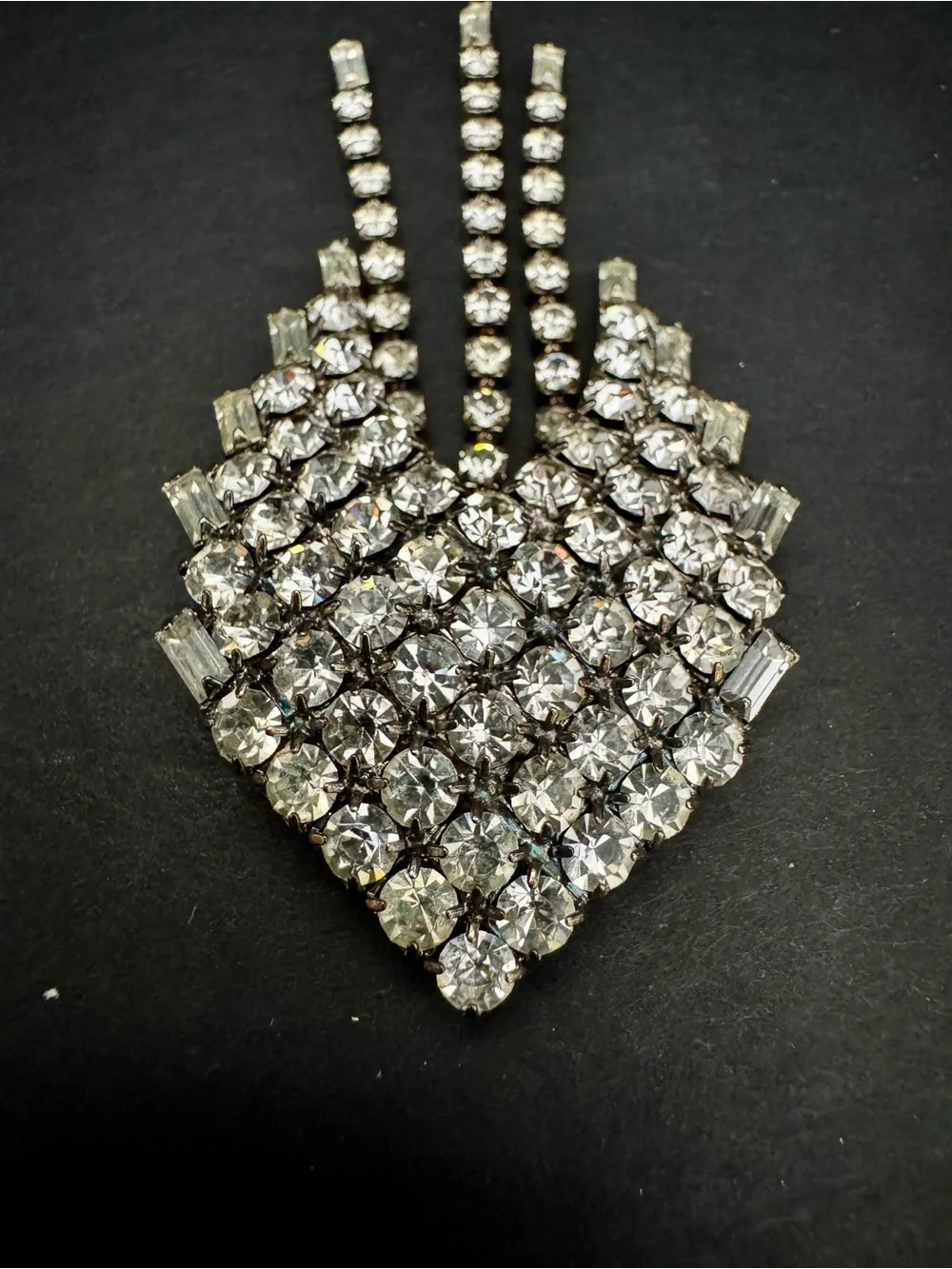 VTG Rhinestone Brooch Domed Pave Crystal Baguette Fringe Tassel Dangle Pin